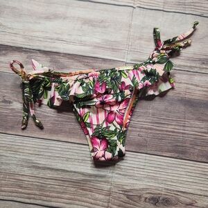 Floral Tropical Pink Green Cheeky Ruffle Bikini Bottom